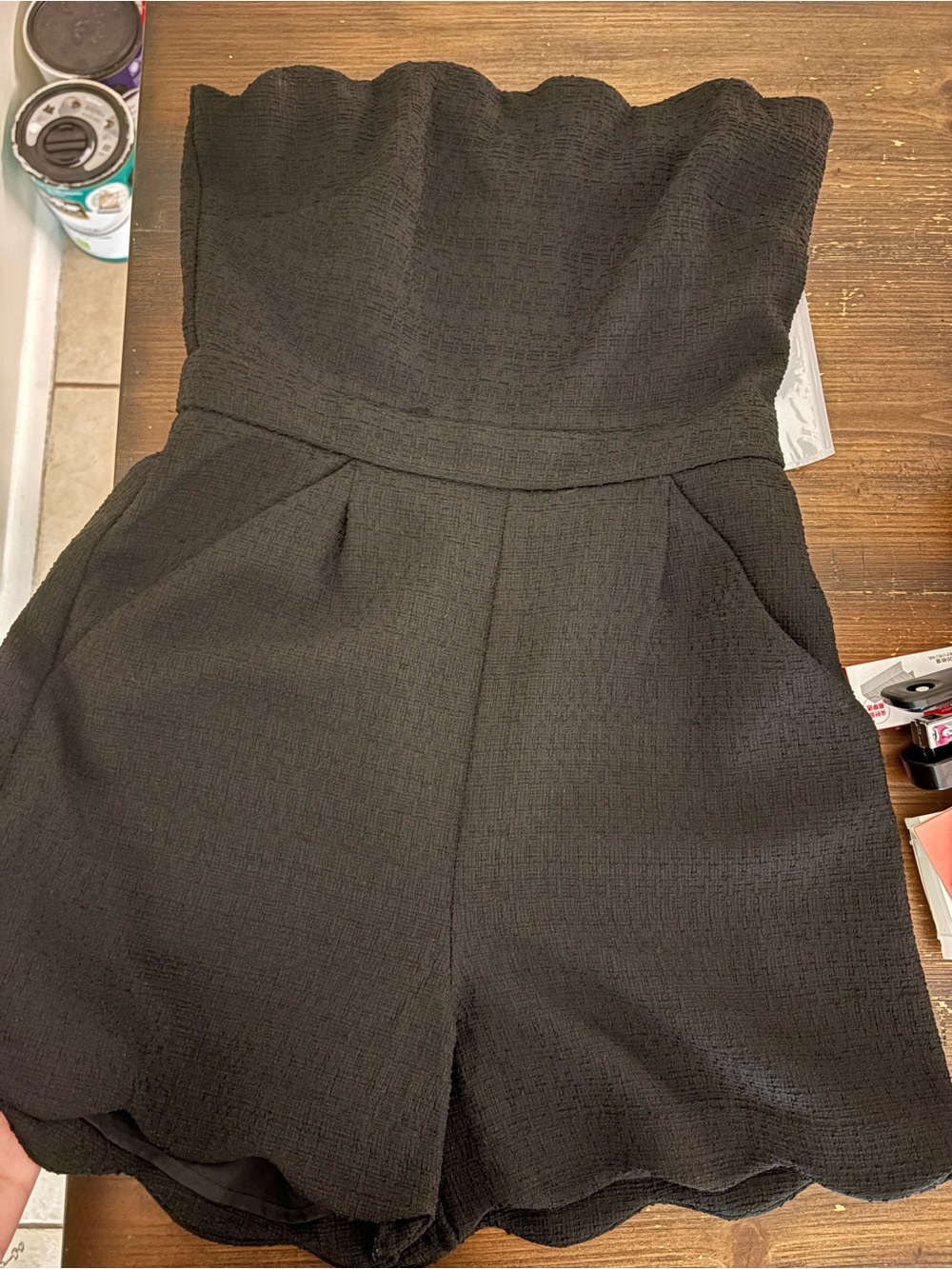Express Strapless Scallop-Hem Black Romper